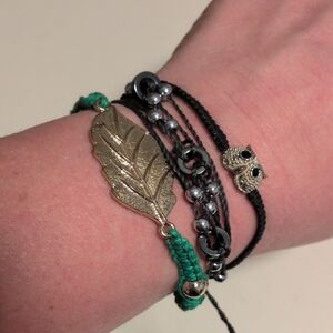 Gold and Black Leaf Charm Bracelet Set‎ Of 3 Adjustable Bracelets